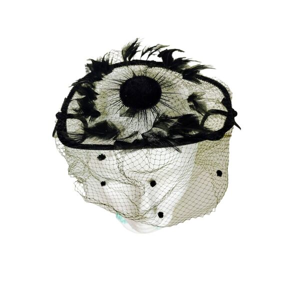 Vintage 40's 50's Black Velvet & Feathers Net Wired Fascinator Head Piece Hat - Picture 4 of 12